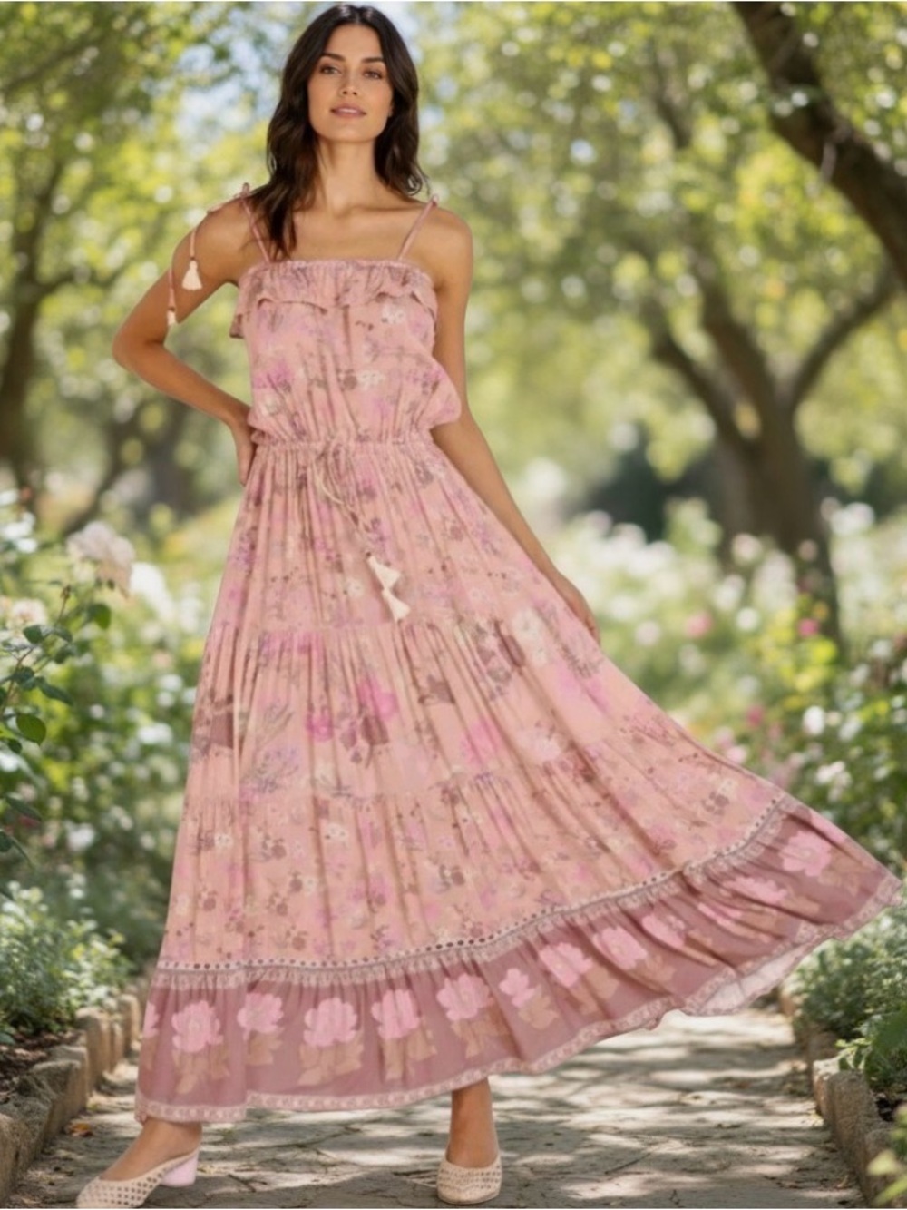 Floral Pink and Brown Maxi Dress by Spell